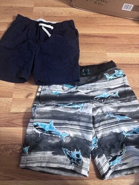 Boys Shark Print Swim Trunks + Navy Swim Shorts- Top shorts are not swim trunks